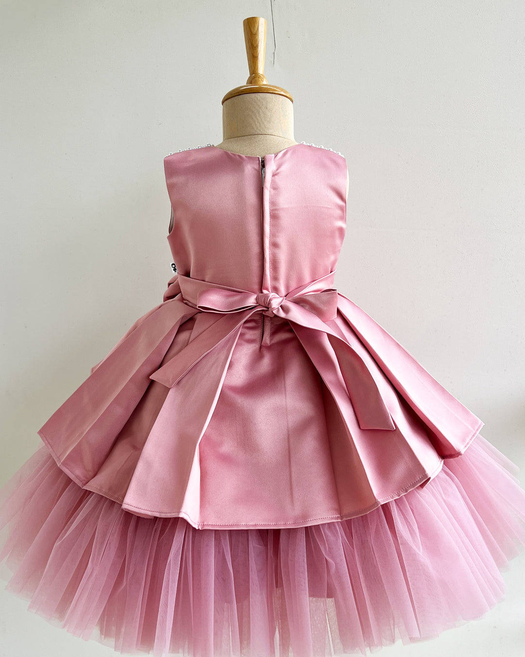 Dust pink satin baby girl birthday dress, premium bow frock, handwork party wear dress, kids birthday outfit for girls