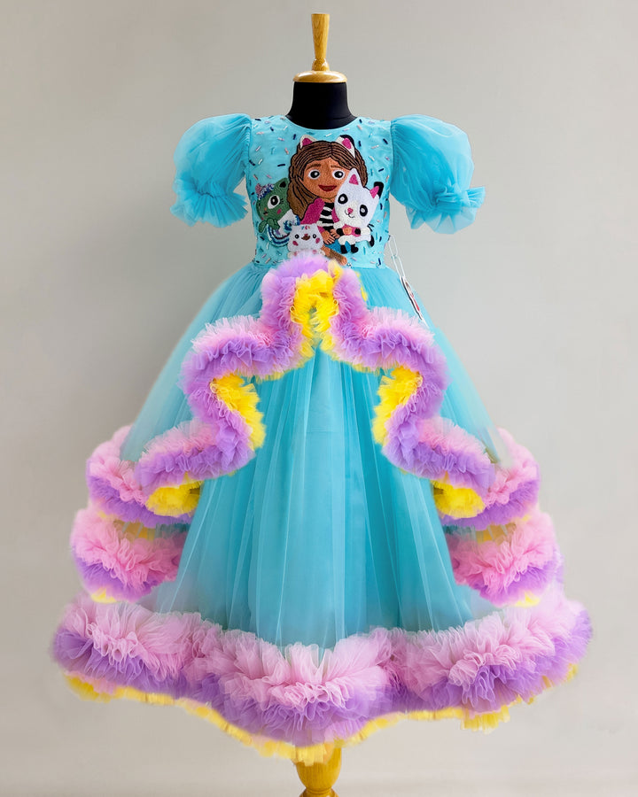 Baby Girls Sky Blue Embroidered Birthday Dress – Full-Length Party Gown with Ruffles – Stanwells Kids