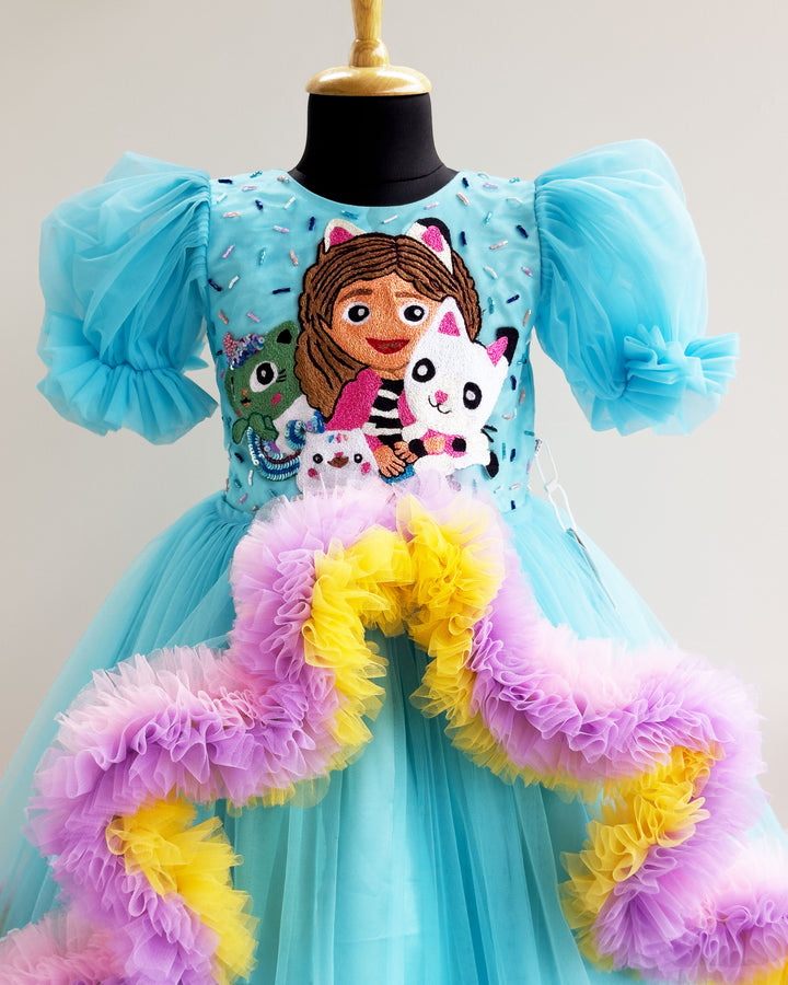 Baby Girls Sky Blue Embroidered Birthday Dress – Full-Length Party Gown with Ruffles – Stanwells Kids