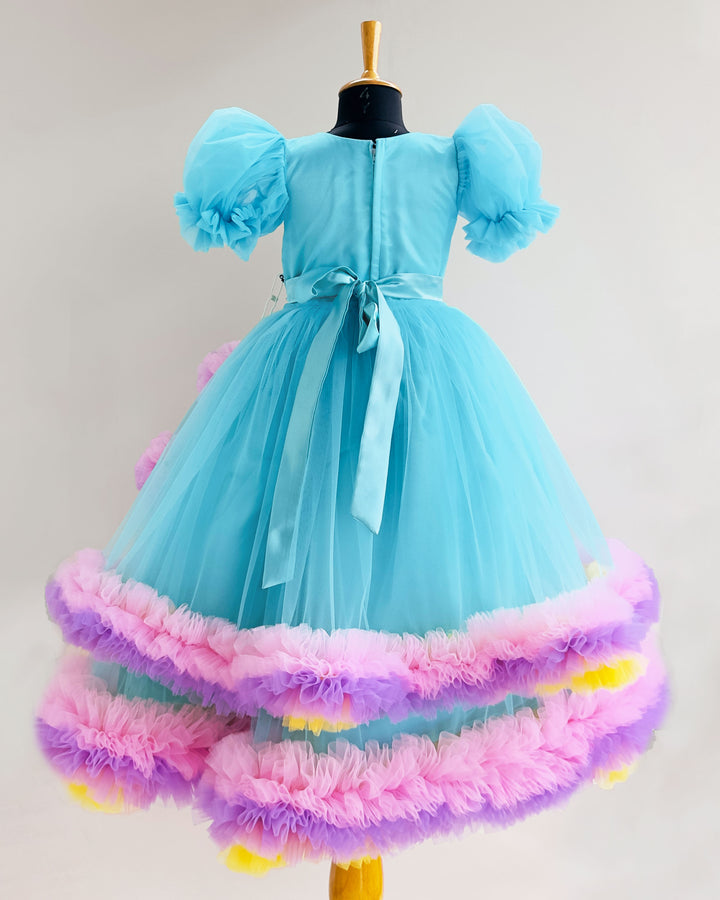 Baby Girls Sky Blue Embroidered Birthday Dress – Full-Length Party Gown with Ruffles – Stanwells Kids