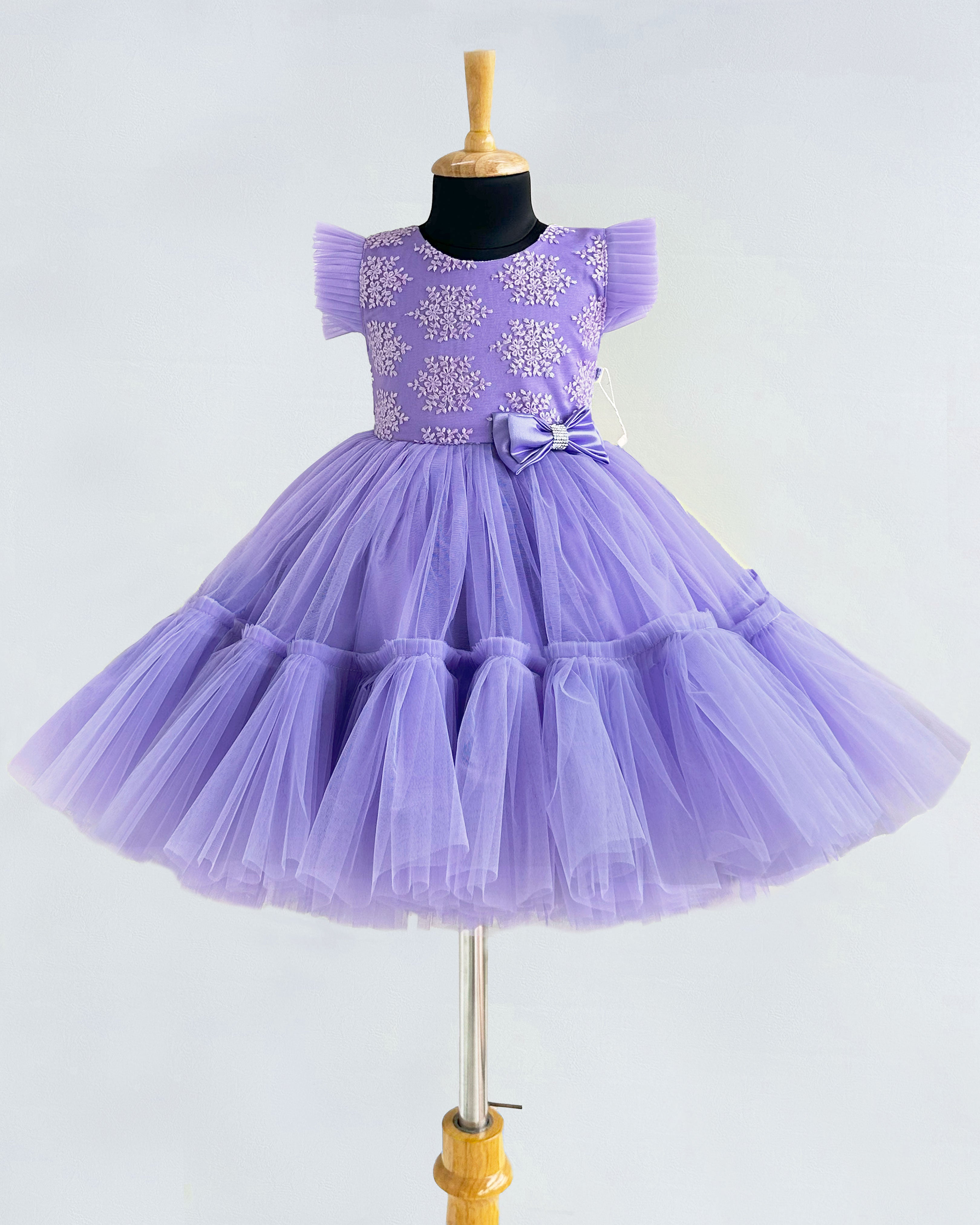Fancy Kids Lavender Embroidered Satin & Tulle Baby Girl Dress w/ Satin Rhinestone Bow