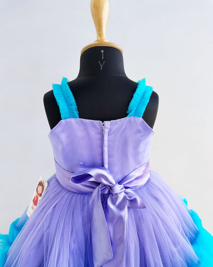 Lavender & Skyblue Combo Handwork Pleated Ruffles Birthday Frock