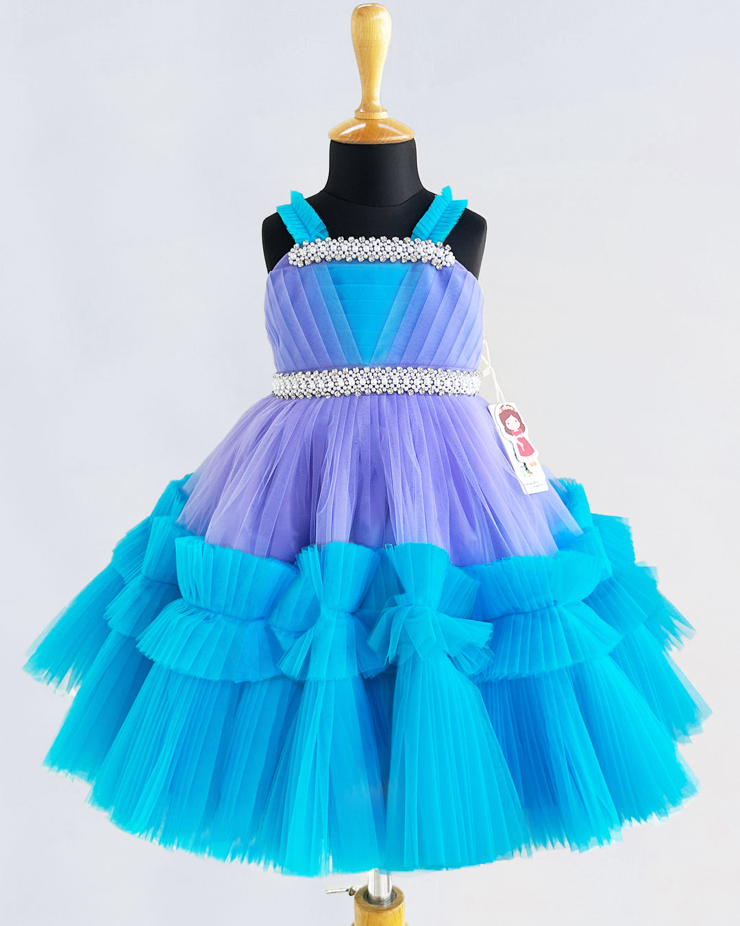 Lavender & Skyblue Combo Handwork Pleated Ruffles Birthday Frock