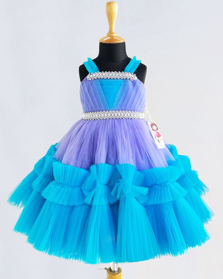 Lavender & Skyblue Combo Handwork Pleated Ruffles Birthday Frock