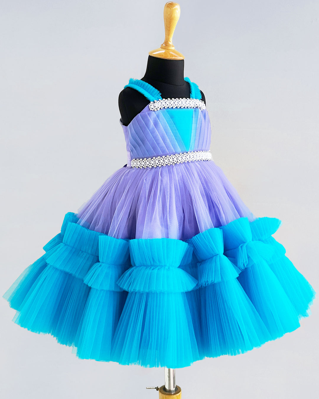 Lavender & Skyblue Combo Handwork Pleated Ruffles Birthday Frock