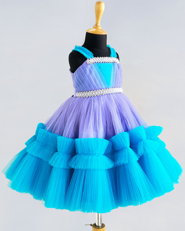 Lavender & Skyblue Combo Handwork Pleated Ruffles Birthday Frock