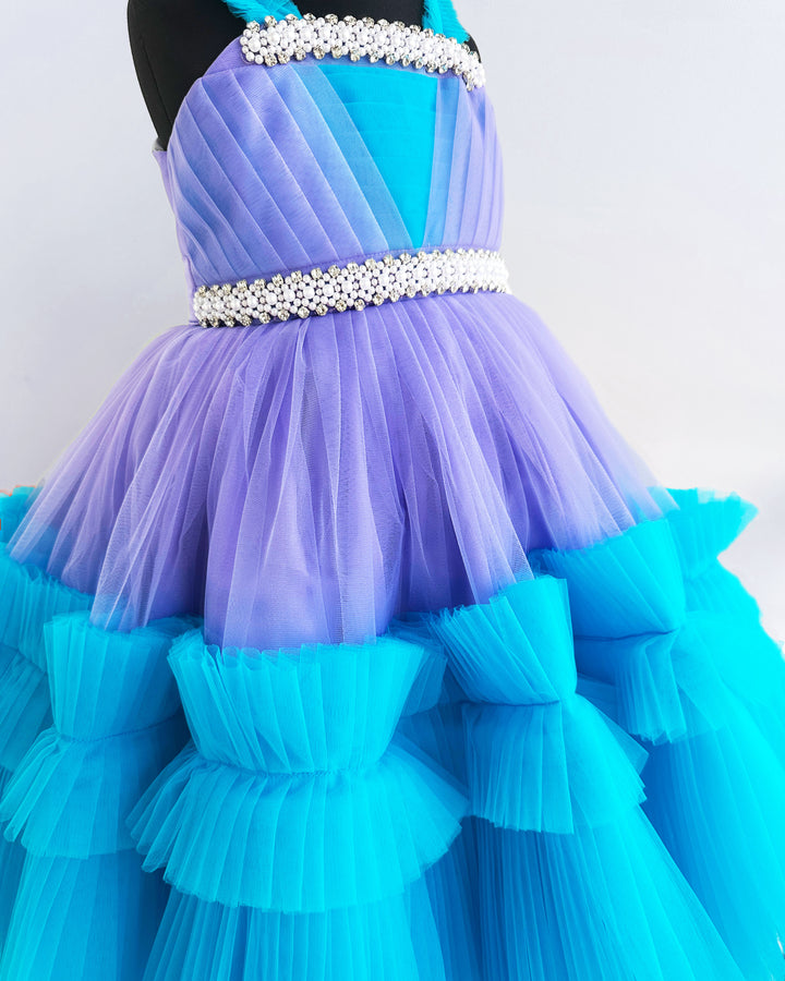 Lavender & Skyblue Combo Handwork Pleated Ruffles Birthday Frock