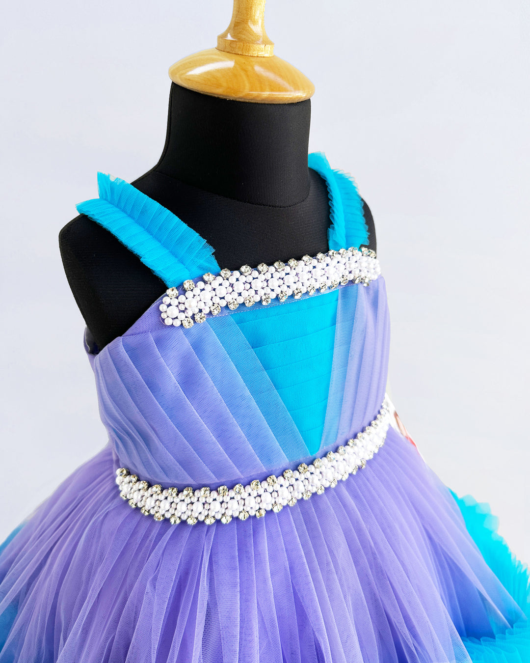 Lavender & Skyblue Combo Handwork Pleated Ruffles Birthday Frock