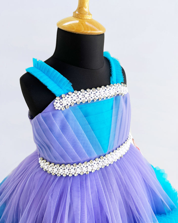 Lavender & Skyblue Combo Handwork Pleated Ruffles Birthday Frock