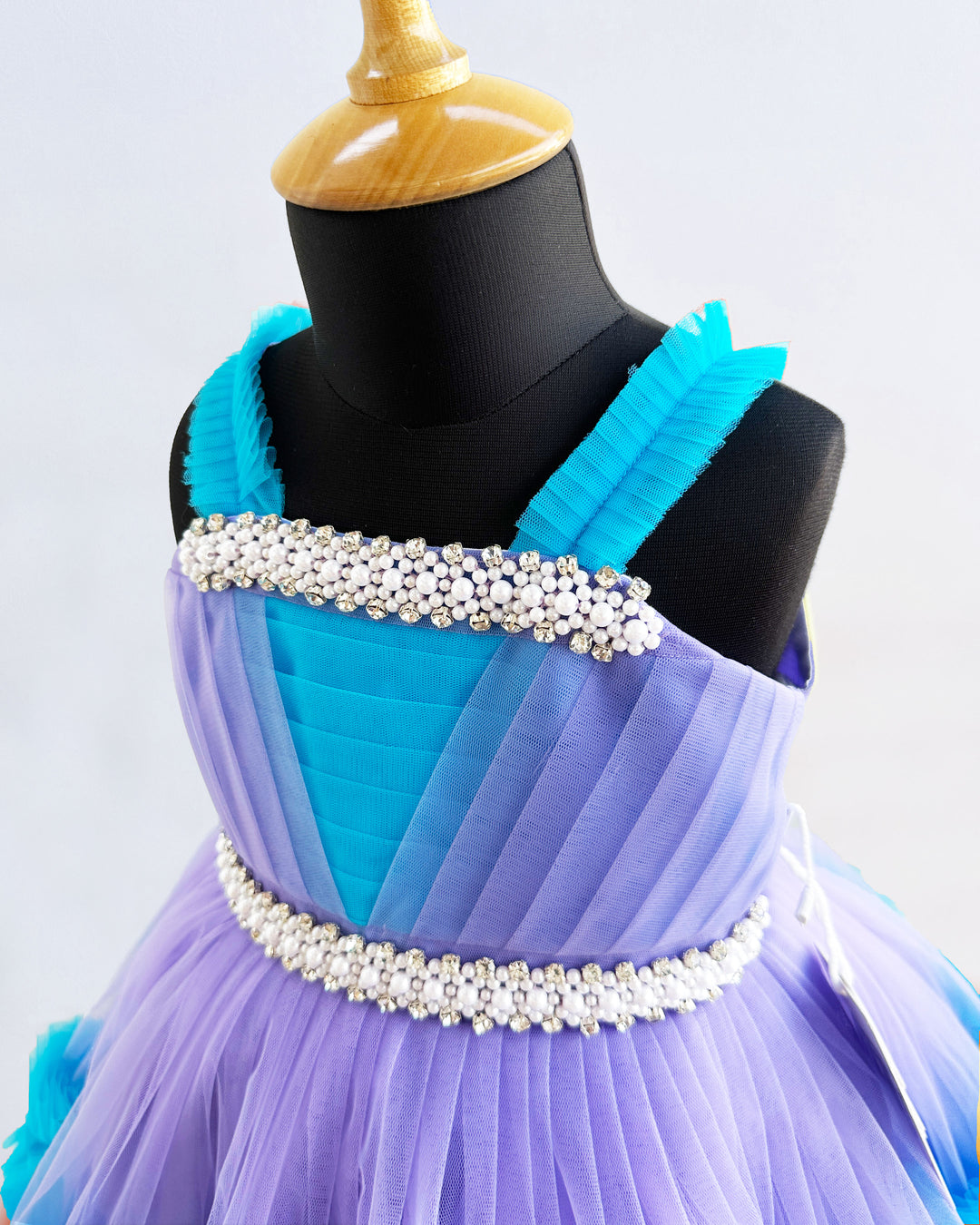 Lavender & Skyblue Combo Handwork Pleated Ruffles Birthday Frock