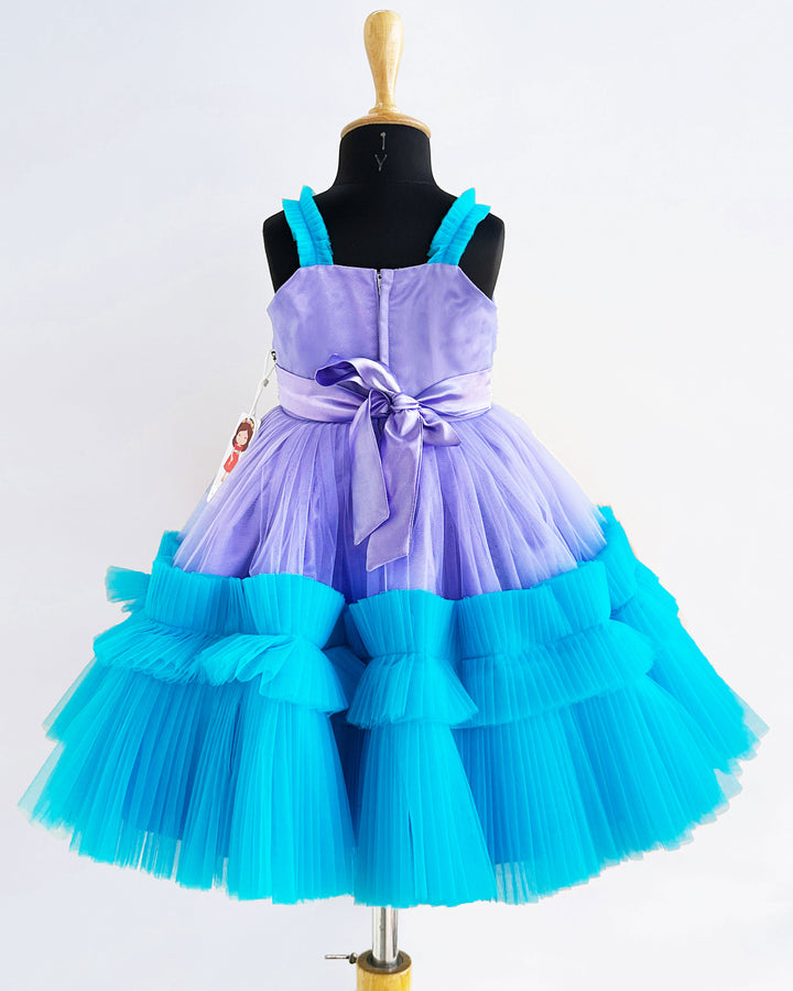 Lavender & Skyblue Combo Handwork Pleated Ruffles Birthday Frock
