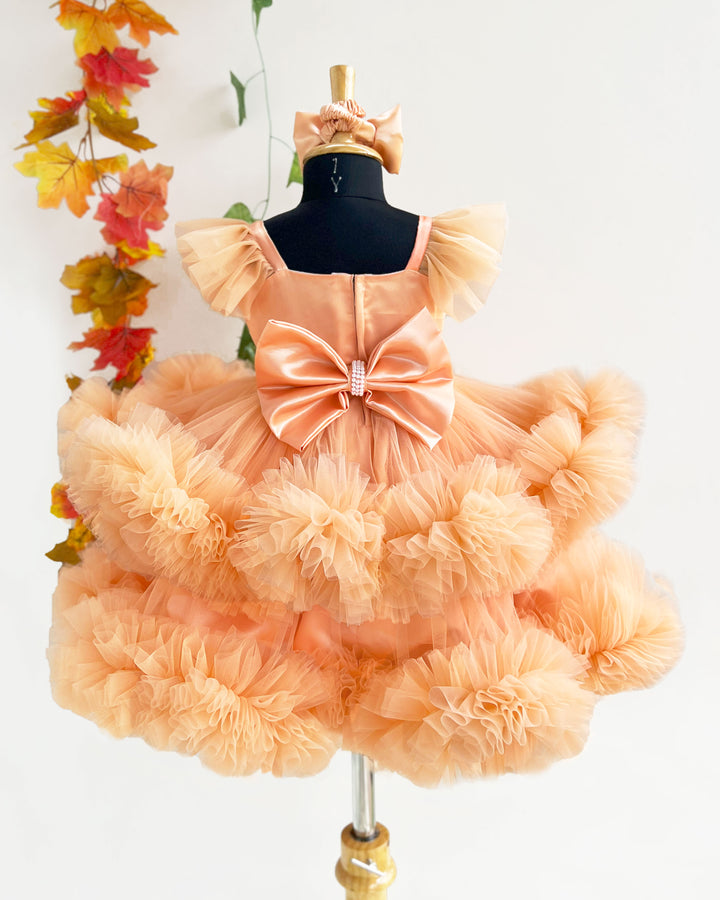 Light pumpkin shade baby girls birthday dress, heavy ruffles partywear frock, baby girl birthday outfit