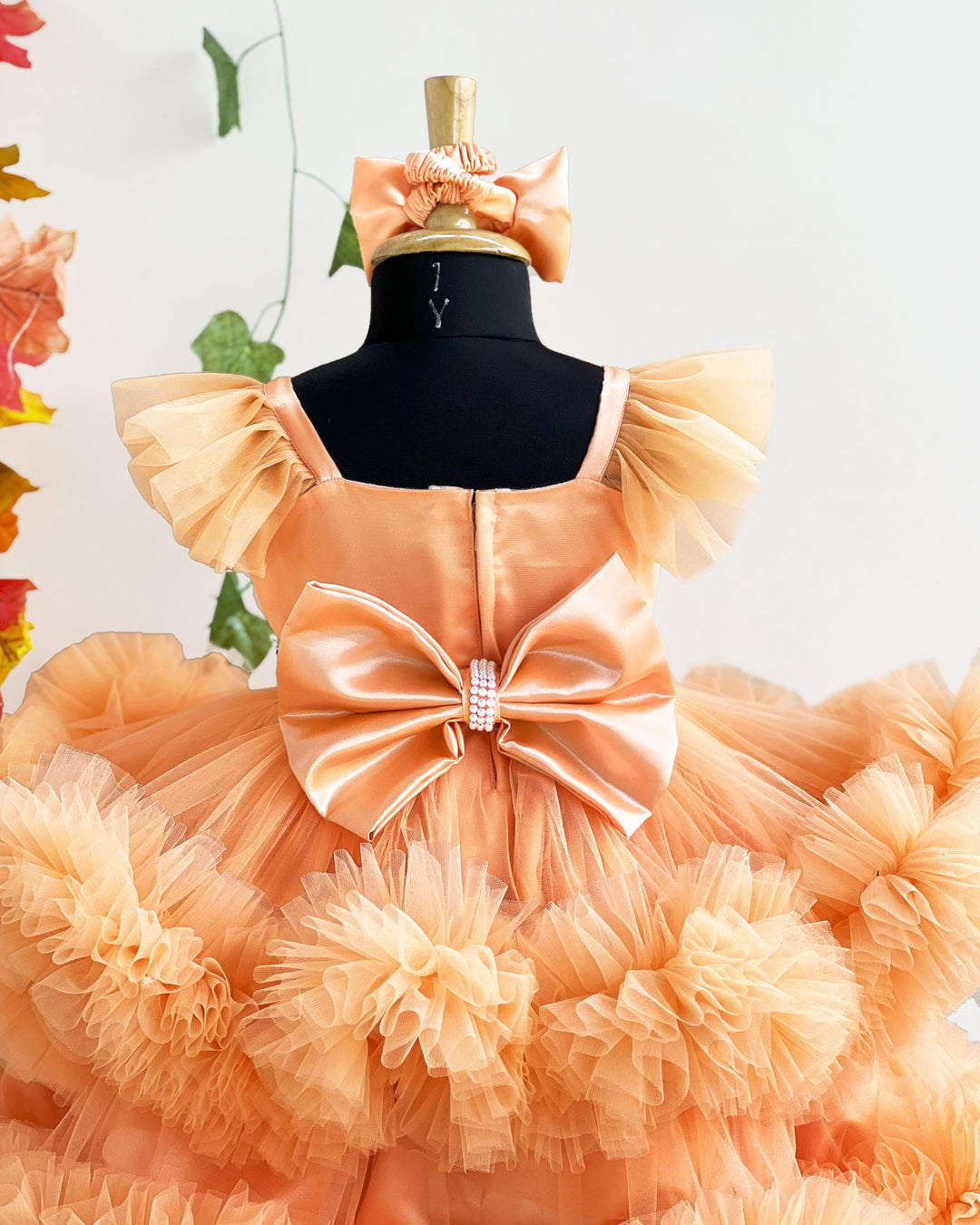 Light pumpkin shade baby girls birthday dress, heavy ruffles partywear frock, baby girl birthday outfit