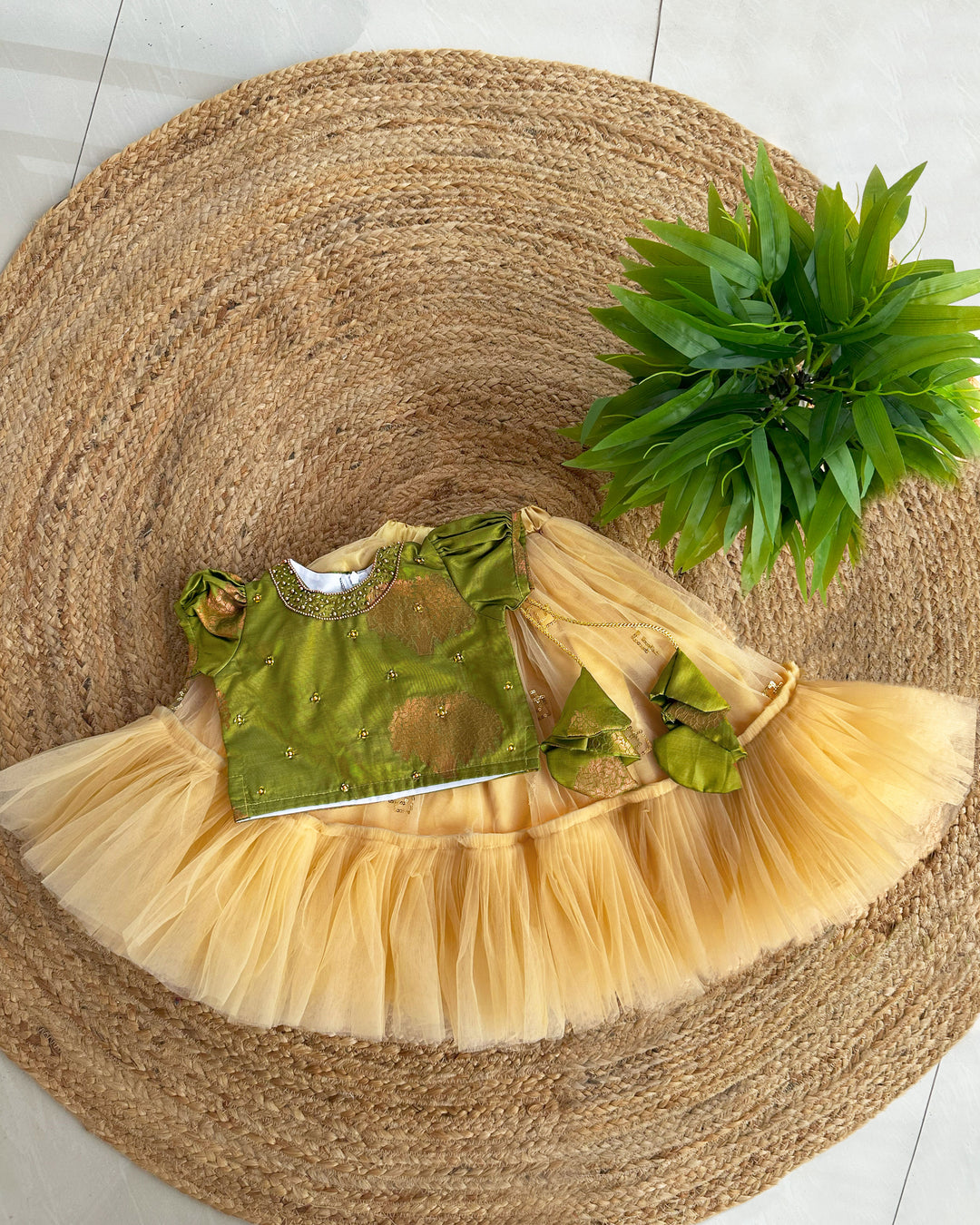 Olive green baby girl lehenga, birthday dress for baby girls, silk lehenga choli, kids ethnic wear, traditional baby outfit, toddler festive dress.