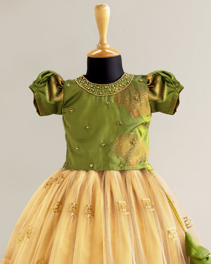 Olive green baby girl lehenga, birthday dress for baby girls, silk lehenga choli, kids ethnic wear, traditional baby outfit, toddler festive dress.