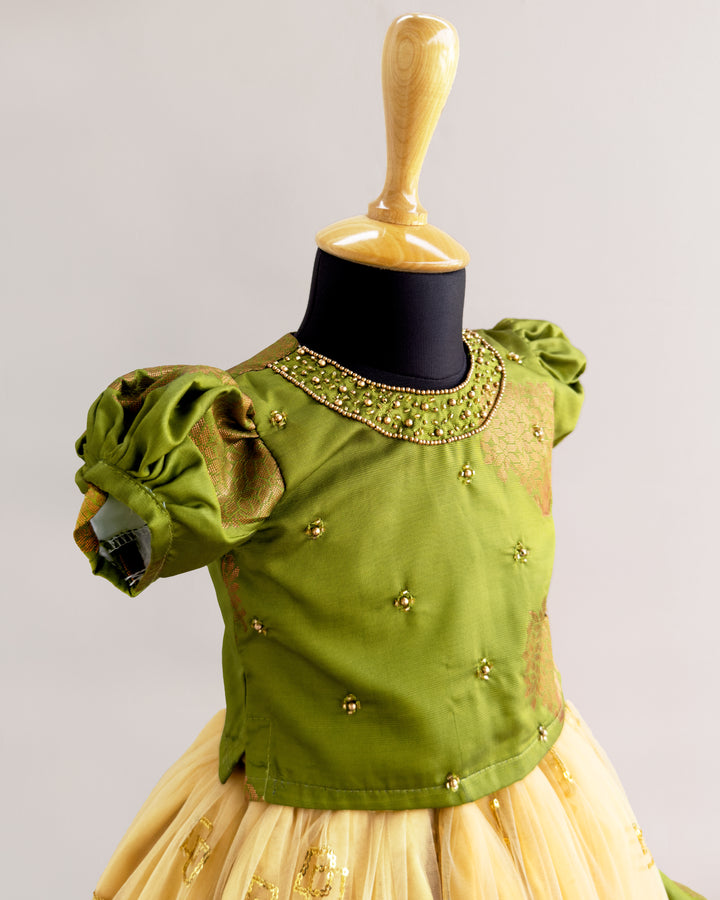 Olive green baby girl lehenga, birthday dress for baby girls, silk lehenga choli, kids ethnic wear, traditional baby outfit, toddler festive dress.