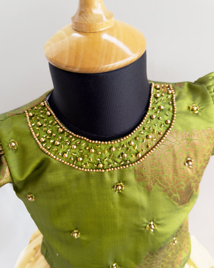 Olive green baby girl lehenga, birthday dress for baby girls, silk lehenga choli, kids ethnic wear, traditional baby outfit, toddler festive dress.