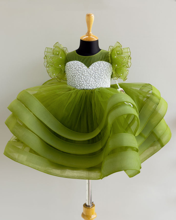 Pea green heavy handwork partywear frock for baby girls, premium birthday dress"