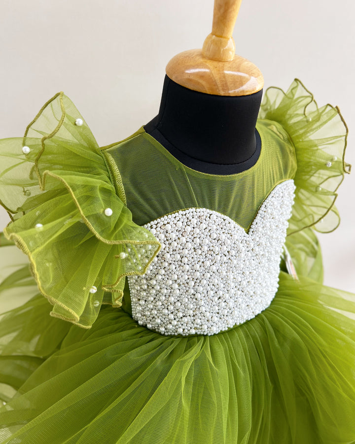 Pea green heavy handwork partywear frock for baby girls, premium birthday dress"