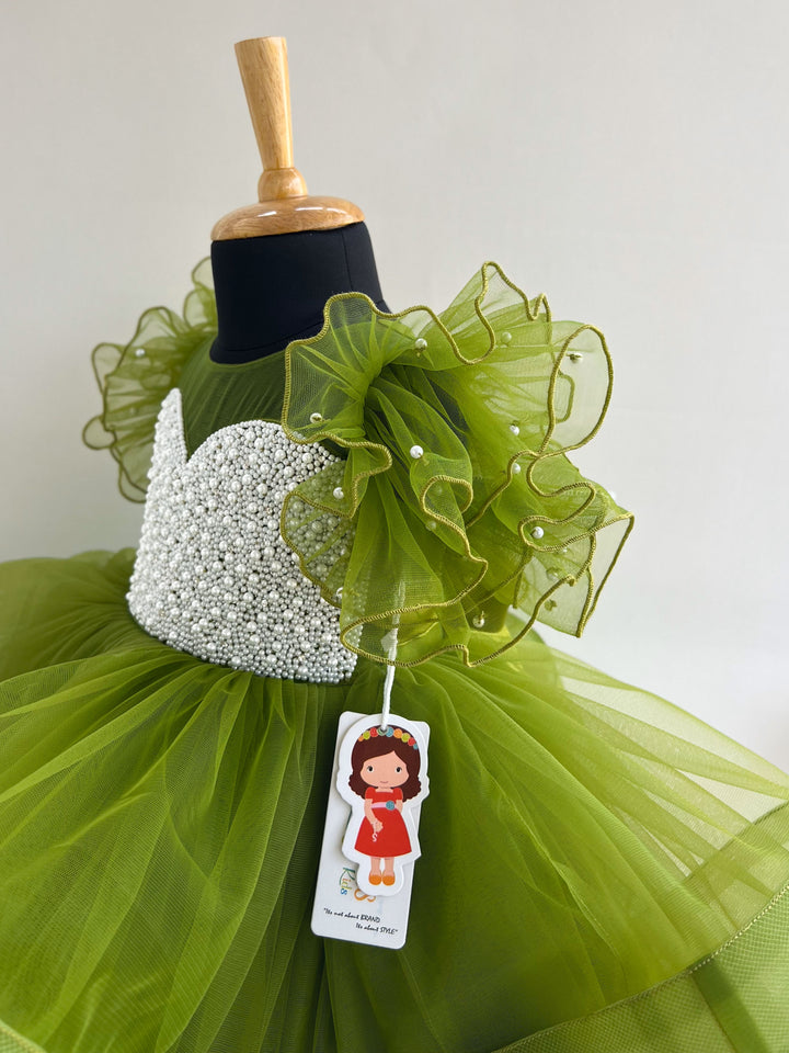 Pea green heavy handwork partywear frock for baby girls, premium birthday dress"