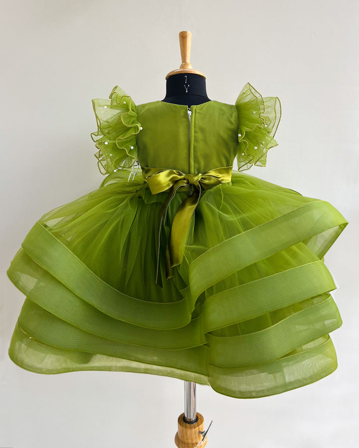 Pea green heavy handwork partywear frock for baby girls, premium birthday dress"
