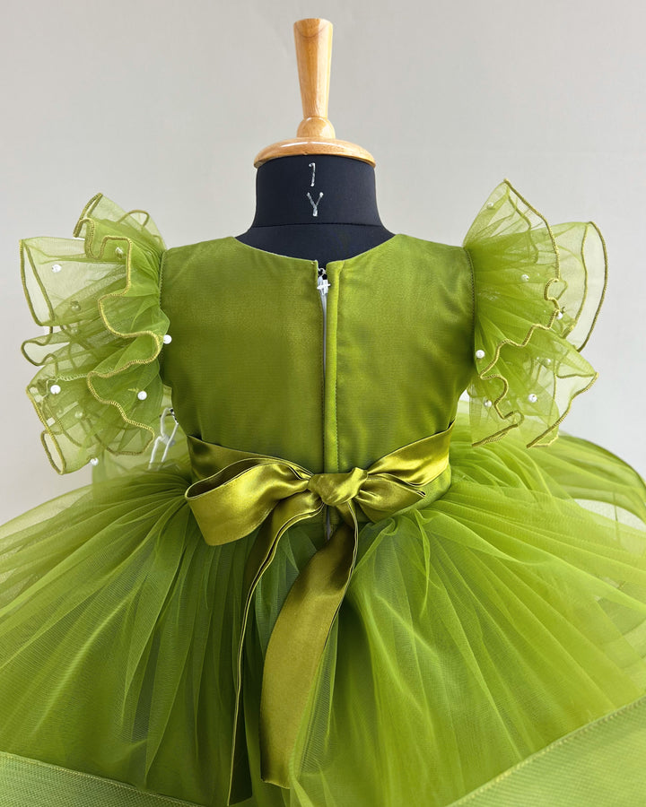 Pea green heavy handwork partywear frock for baby girls, premium birthday dress"