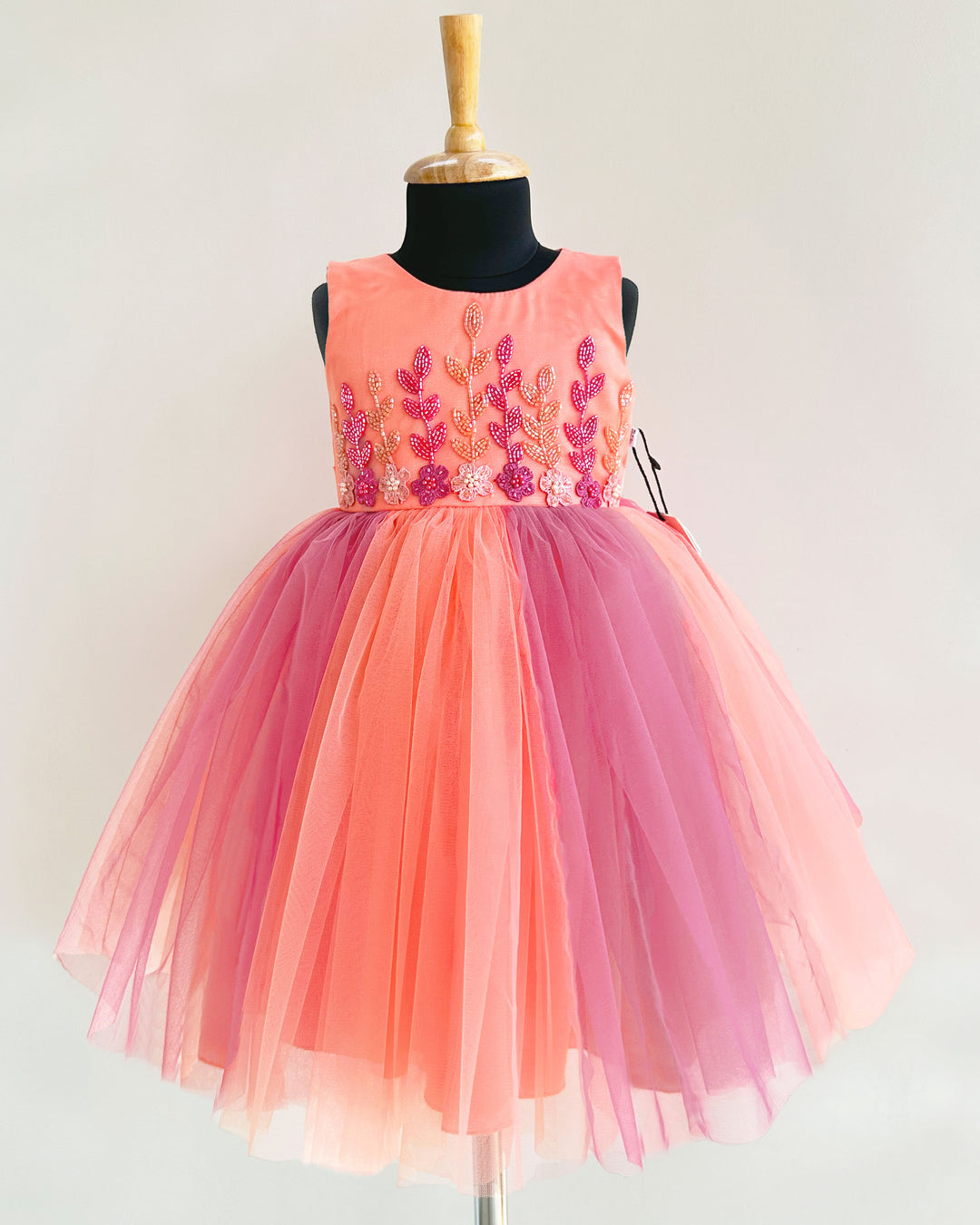 Peach and coral flower handwork dual shade frock for baby girls birthday dress