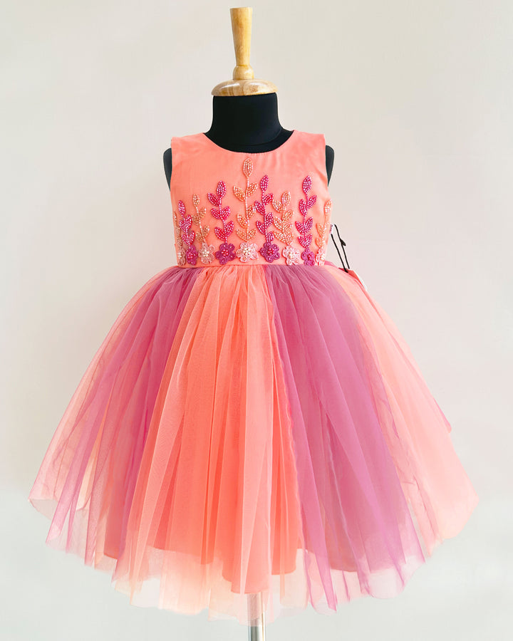 Peach and coral flower handwork dual shade frock for baby girls birthday dress