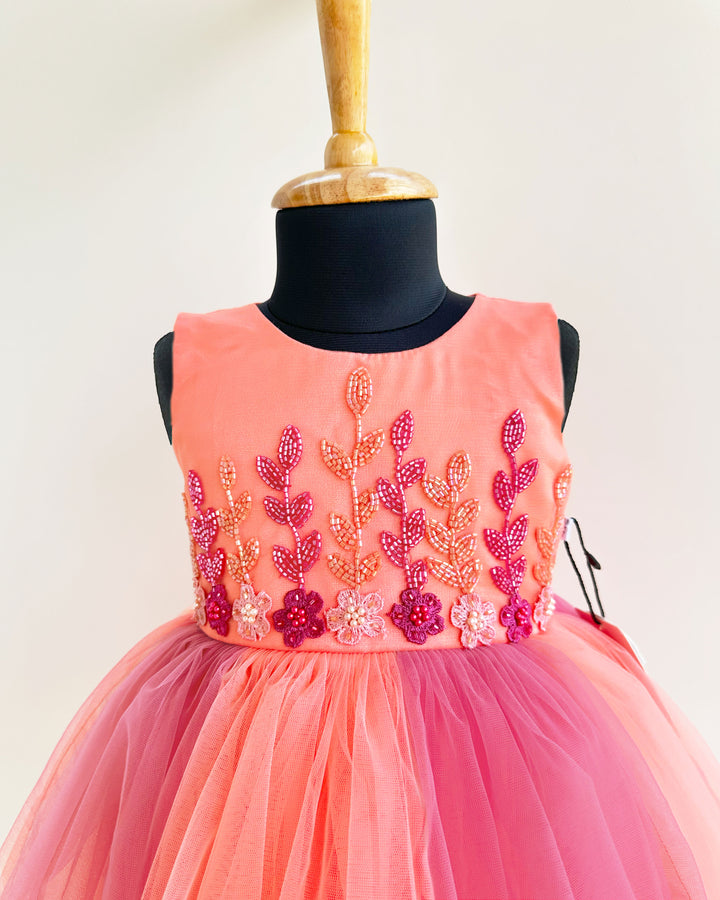 Peach and coral flower handwork dual shade frock for baby girls birthday dress