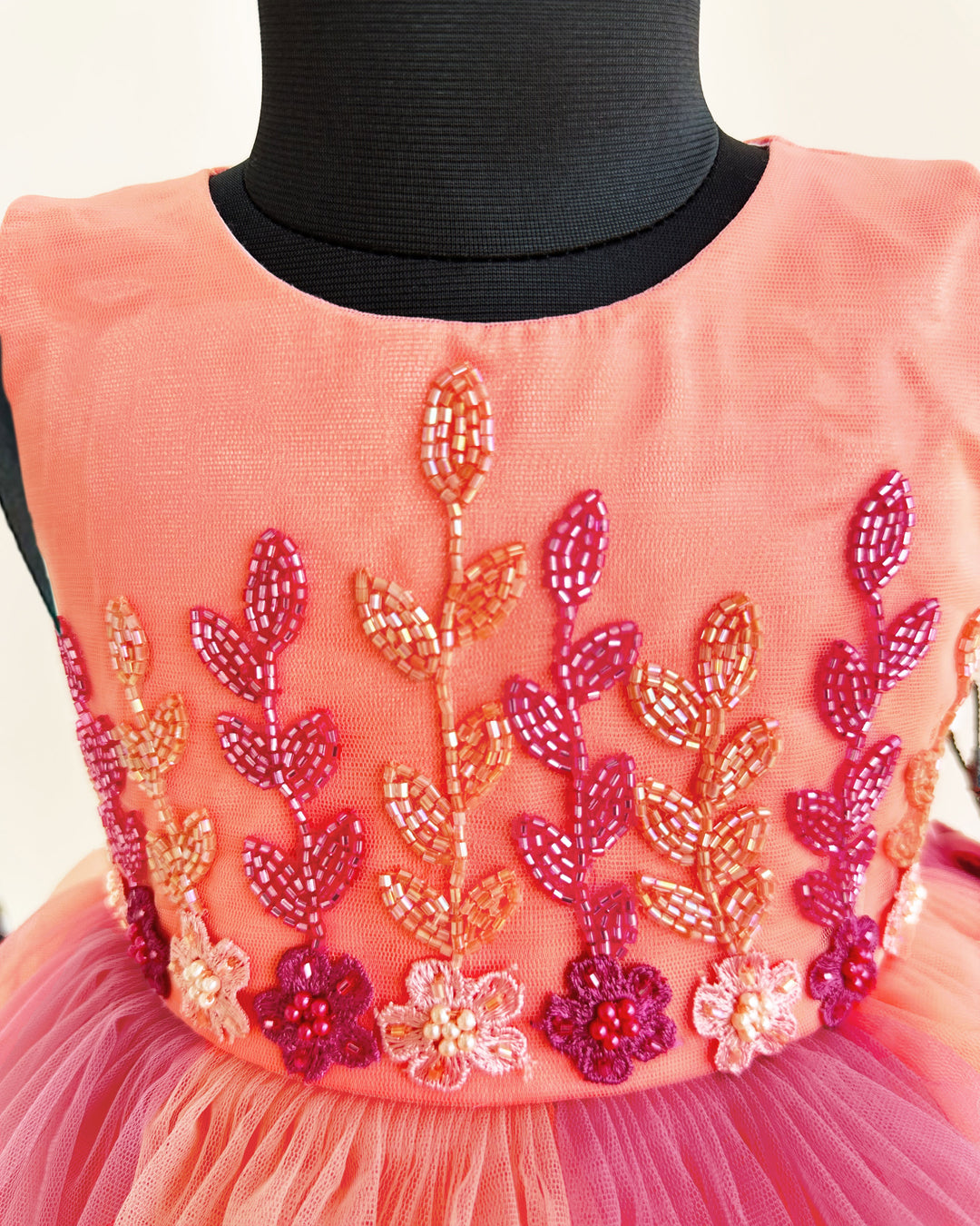 Peach and coral flower handwork dual shade frock for baby girls birthday dress