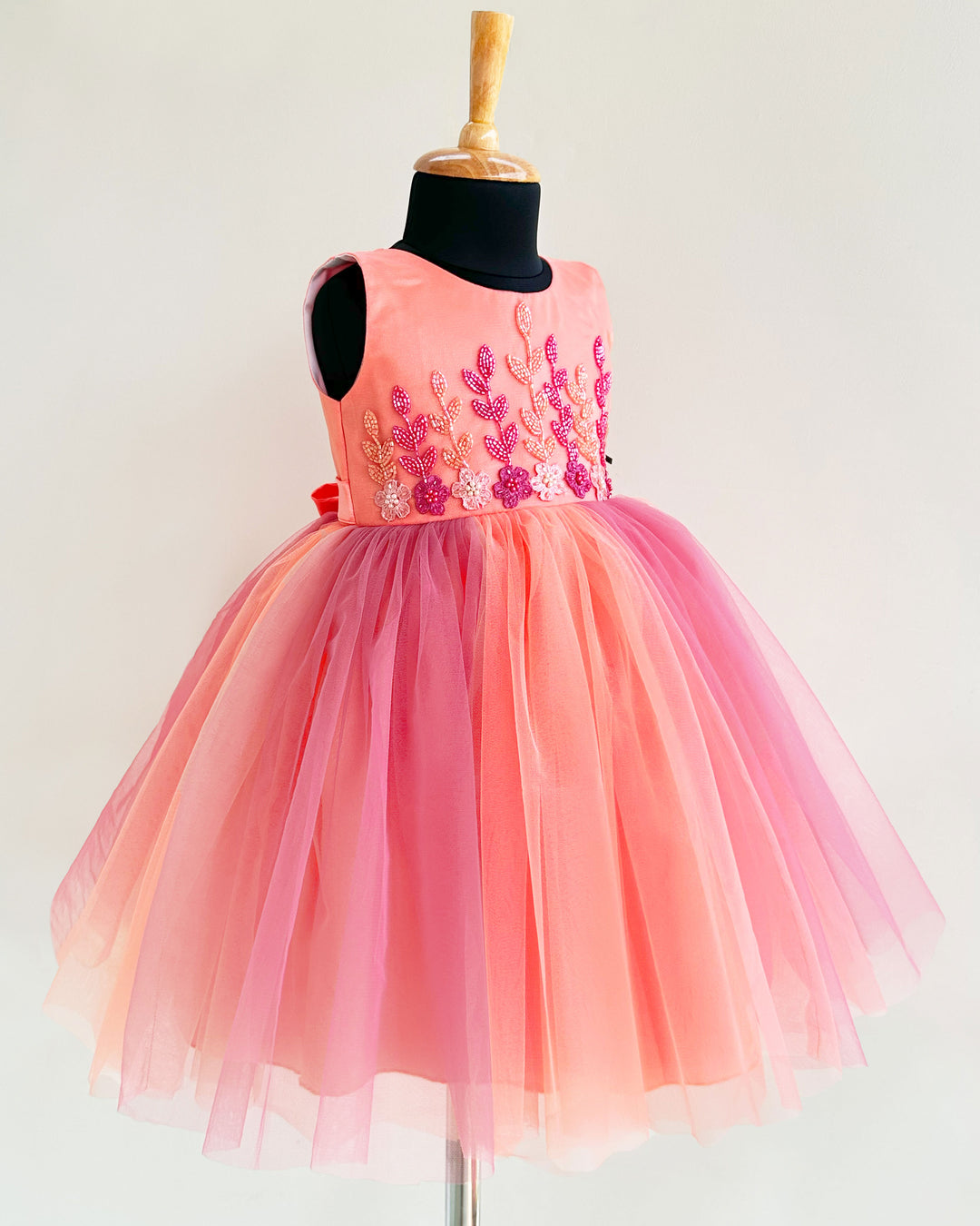 Peach and coral flower handwork dual shade frock for baby girls birthday dress