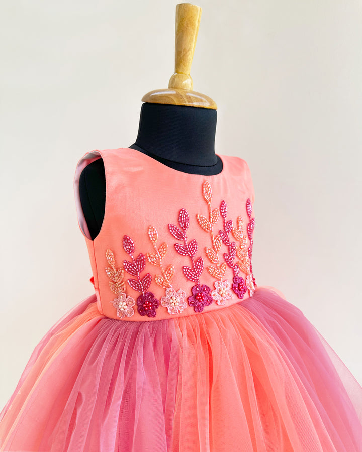 Peach and coral flower handwork dual shade frock for baby girls birthday dress