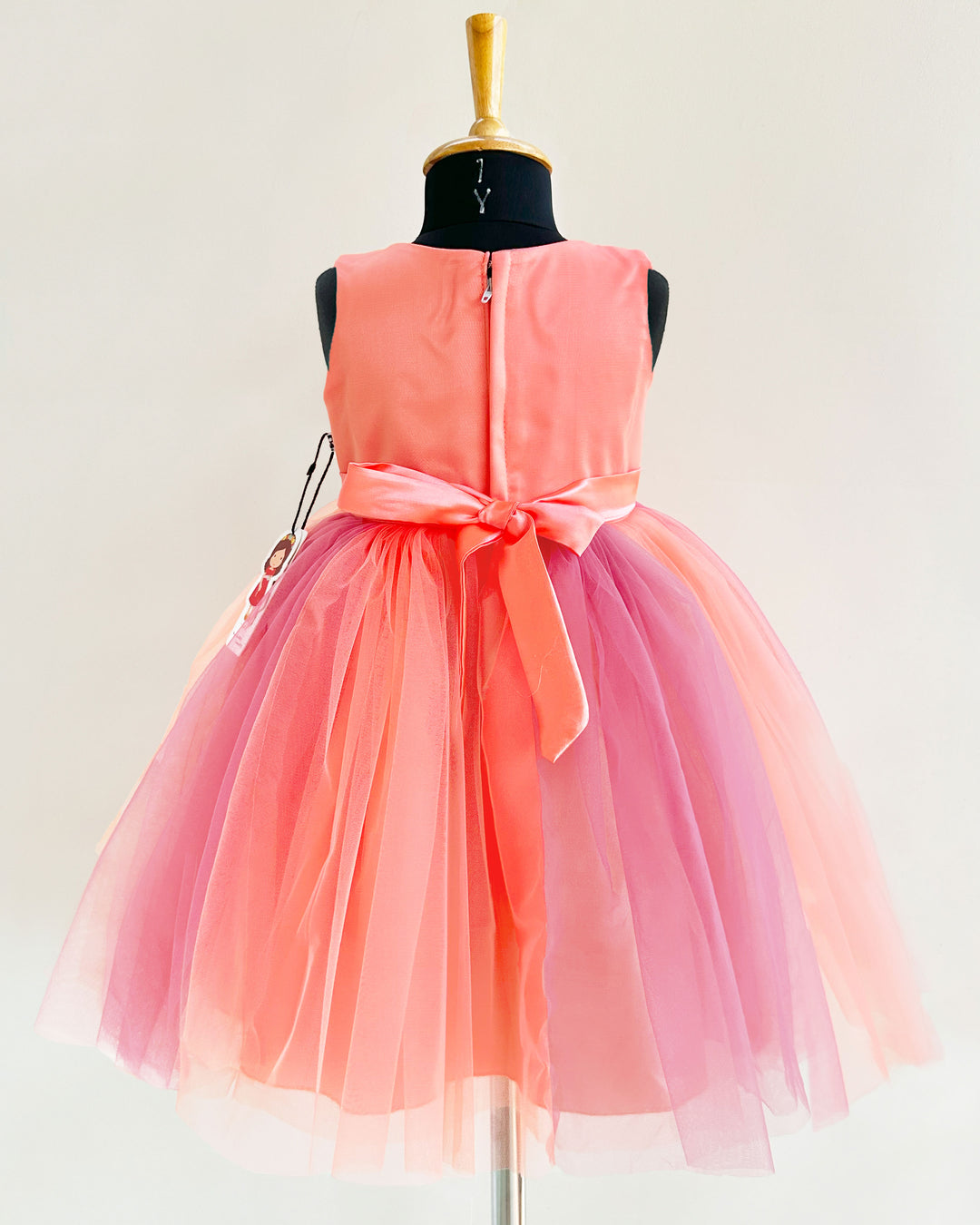 Peach and coral flower handwork dual shade frock for baby girls birthday dress