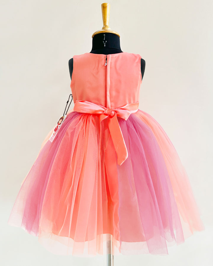 Peach and coral flower handwork dual shade frock for baby girls birthday dress