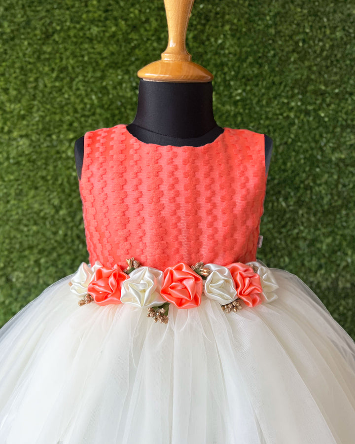 Baby girls birthday dress peach cream, flower frock, party outfit