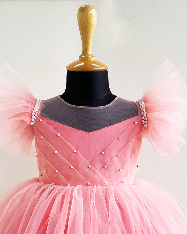 Peach Shade Pleated Frock, Baby Girls Birthday Dress, Partywear Frock for Baby Girl, Designer Birthday Dress