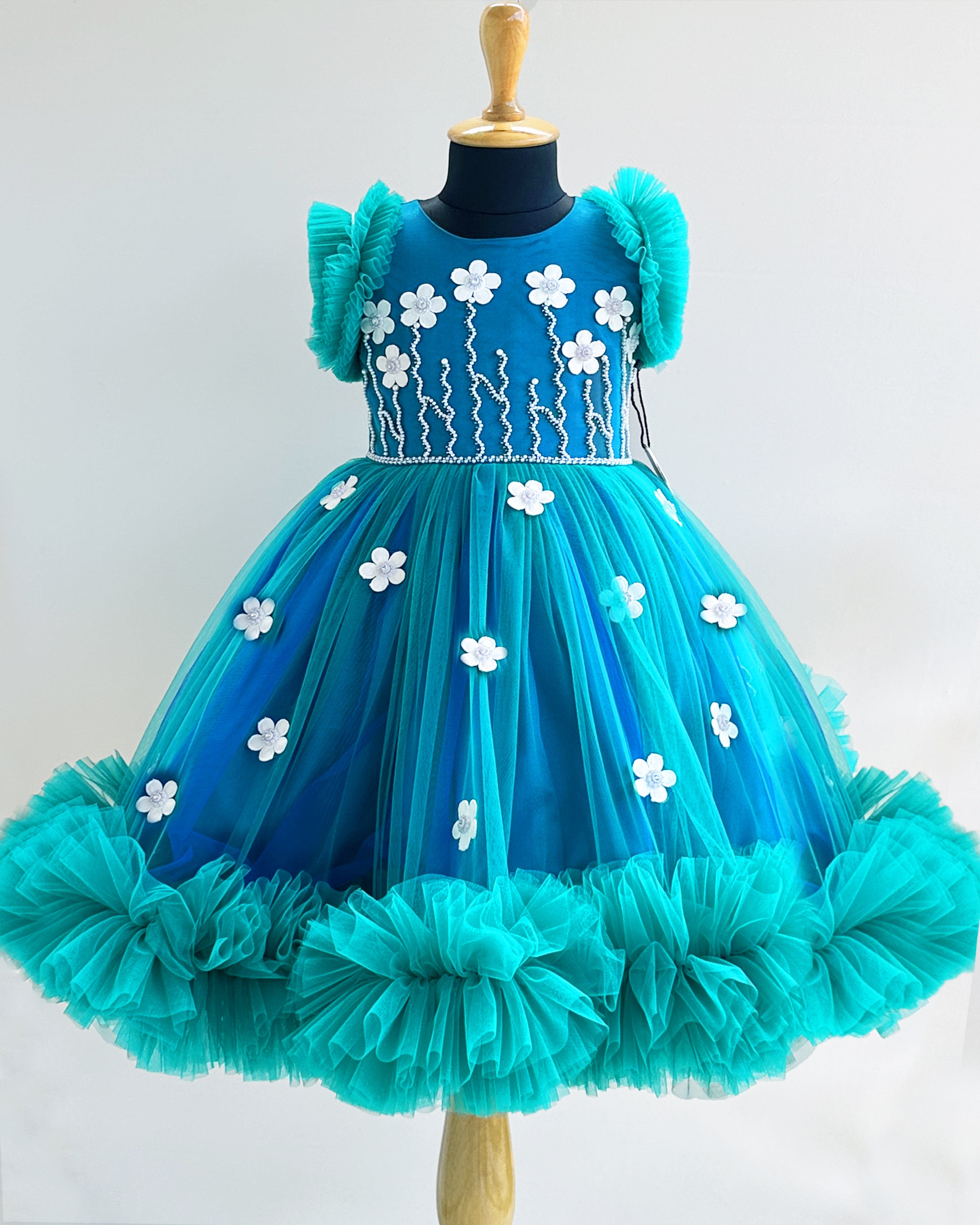 Peacock Blue Baby Girls Birthday Dress | Pearl Handwork Party Frock   Stanwells Kids
