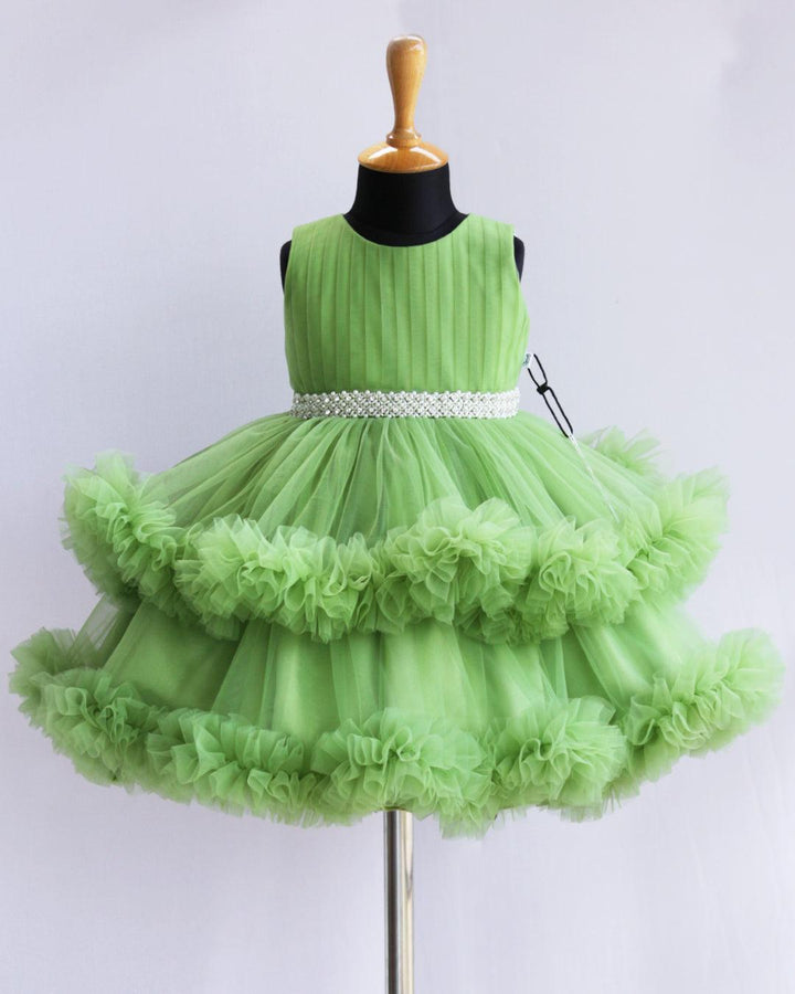 Pista Green Shade Layered Ruffles Partywear Handwork Frock - Stanwells Kids