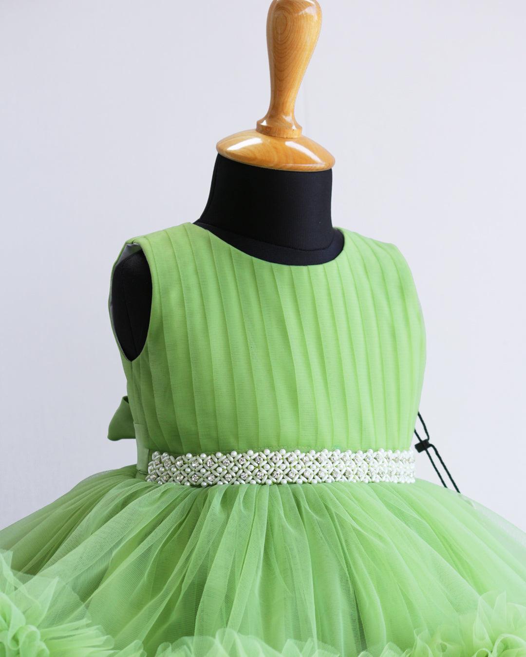 Pista Green Shade Layered Ruffles Partywear Handwork Frock - Stanwells Kids