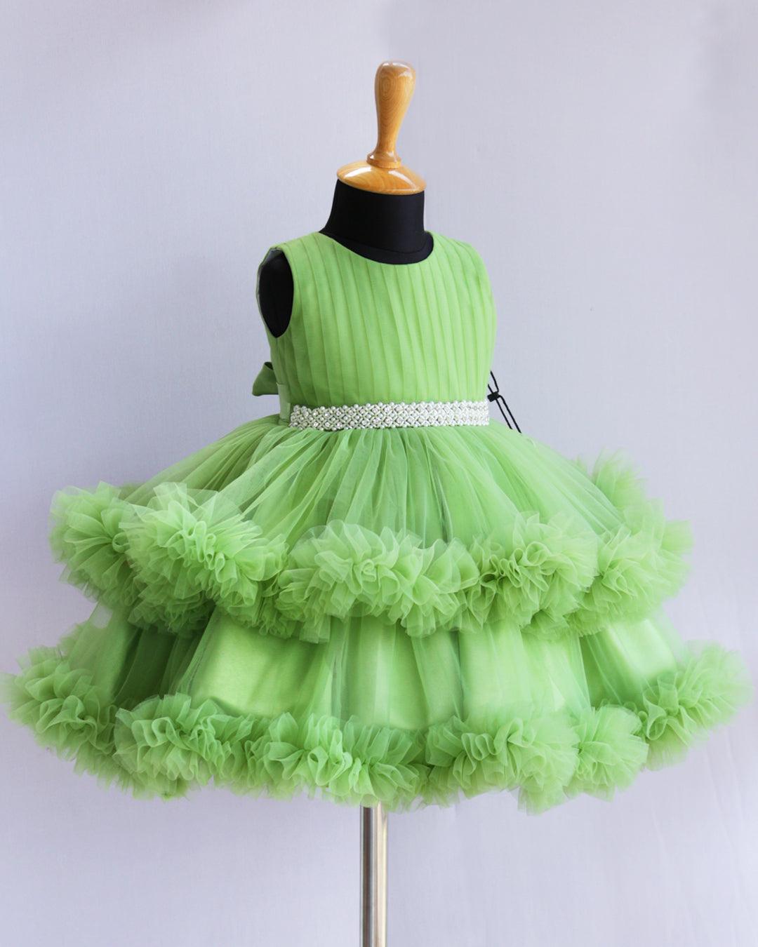 Pista Green Shade Layered Ruffles Partywear Handwork Frock - Stanwells Kids