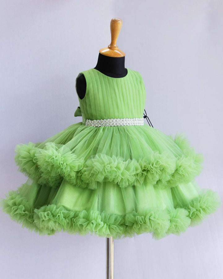 Pista Green Shade Layered Ruffles Partywear Handwork Frock - Stanwells Kids