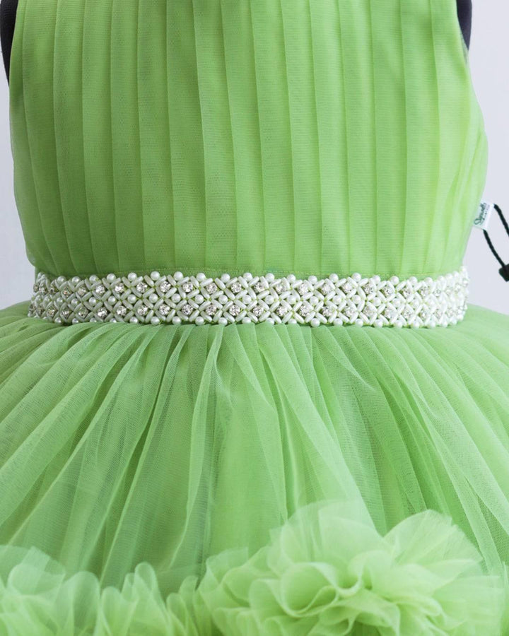 Pista Green Shade Layered Ruffles Partywear Handwork Frock