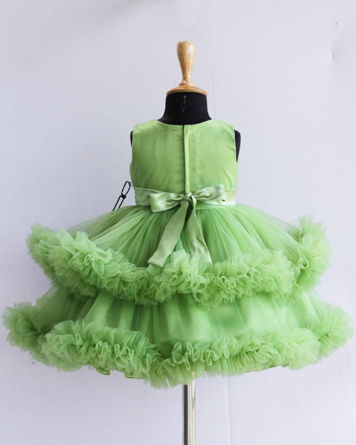 Pista Green Shade Layered Ruffles Partywear Handwork Frock - Stanwells Kids