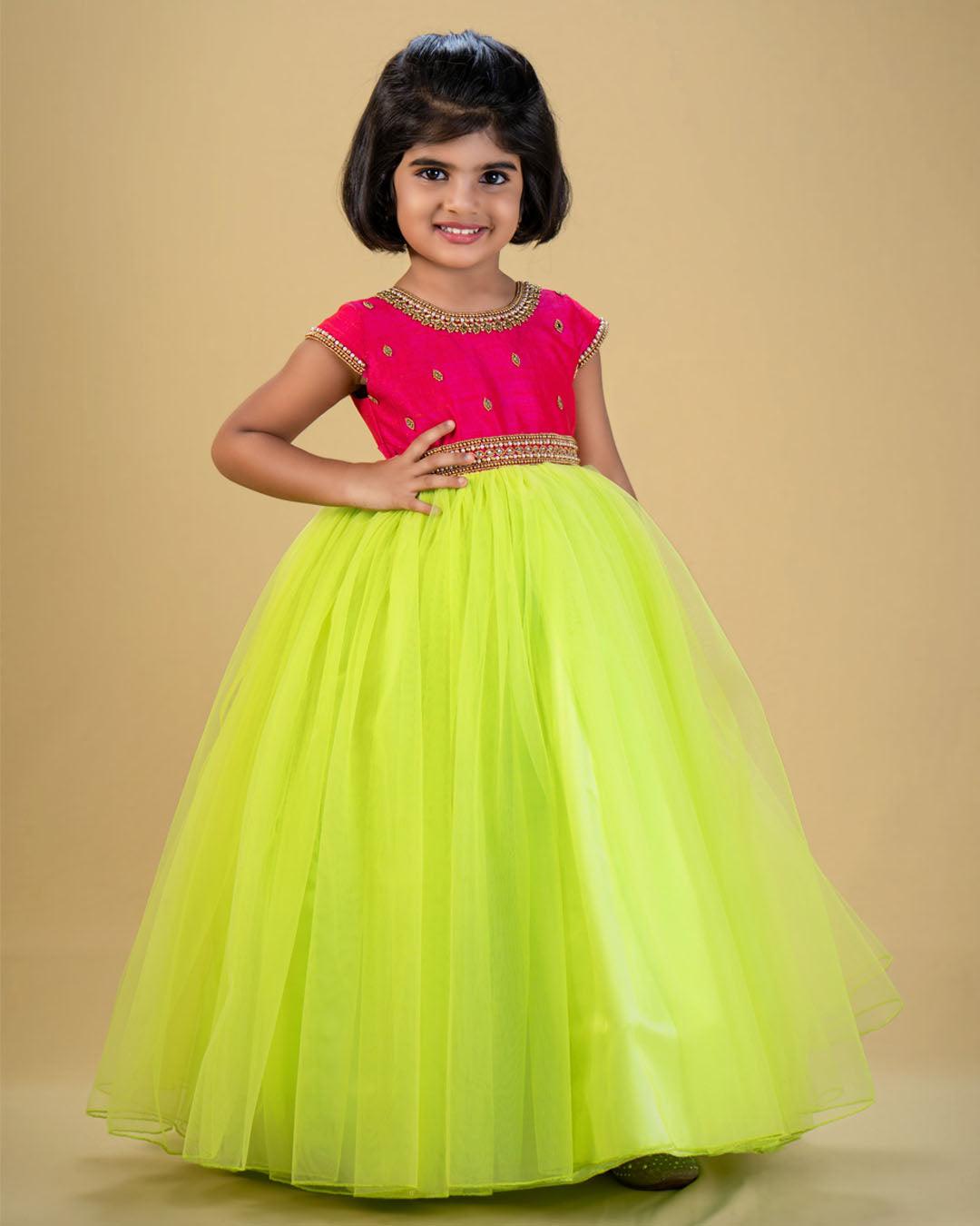 Lime Green Pink Combo Partywear Hand Embroidery Long Gown