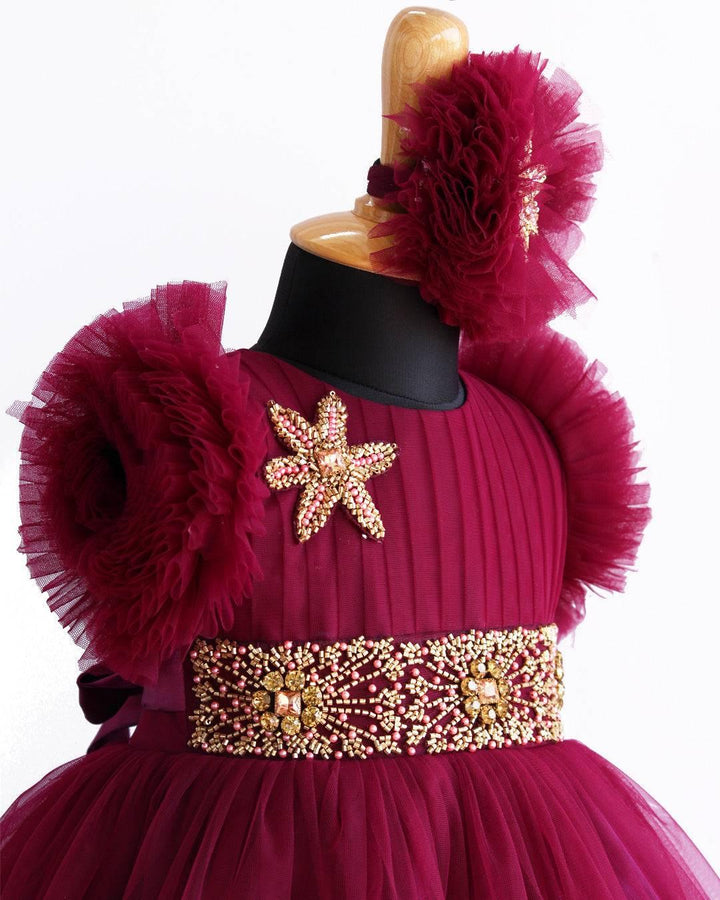 Grapevine  Shade Heavy Ruffles Pleated Handwork Birthday Frock