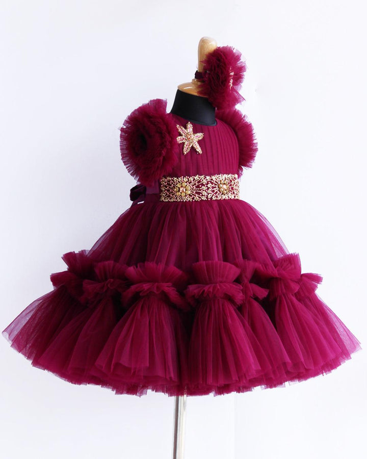 Grapevine  Shade Heavy Ruffles Pleated Handwork Birthday Frock