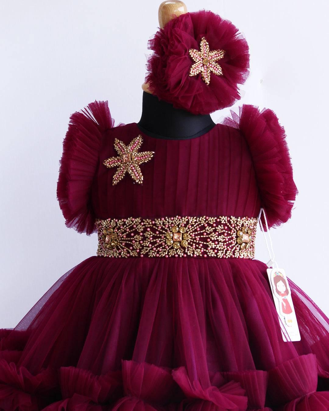 Grapevine  Shade Heavy Ruffles Pleated Handwork Birthday Frock