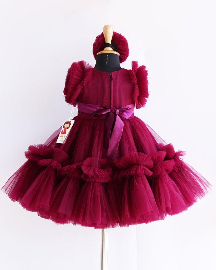 Grapevine  Shade Heavy Ruffles Pleated Handwork Birthday Frock