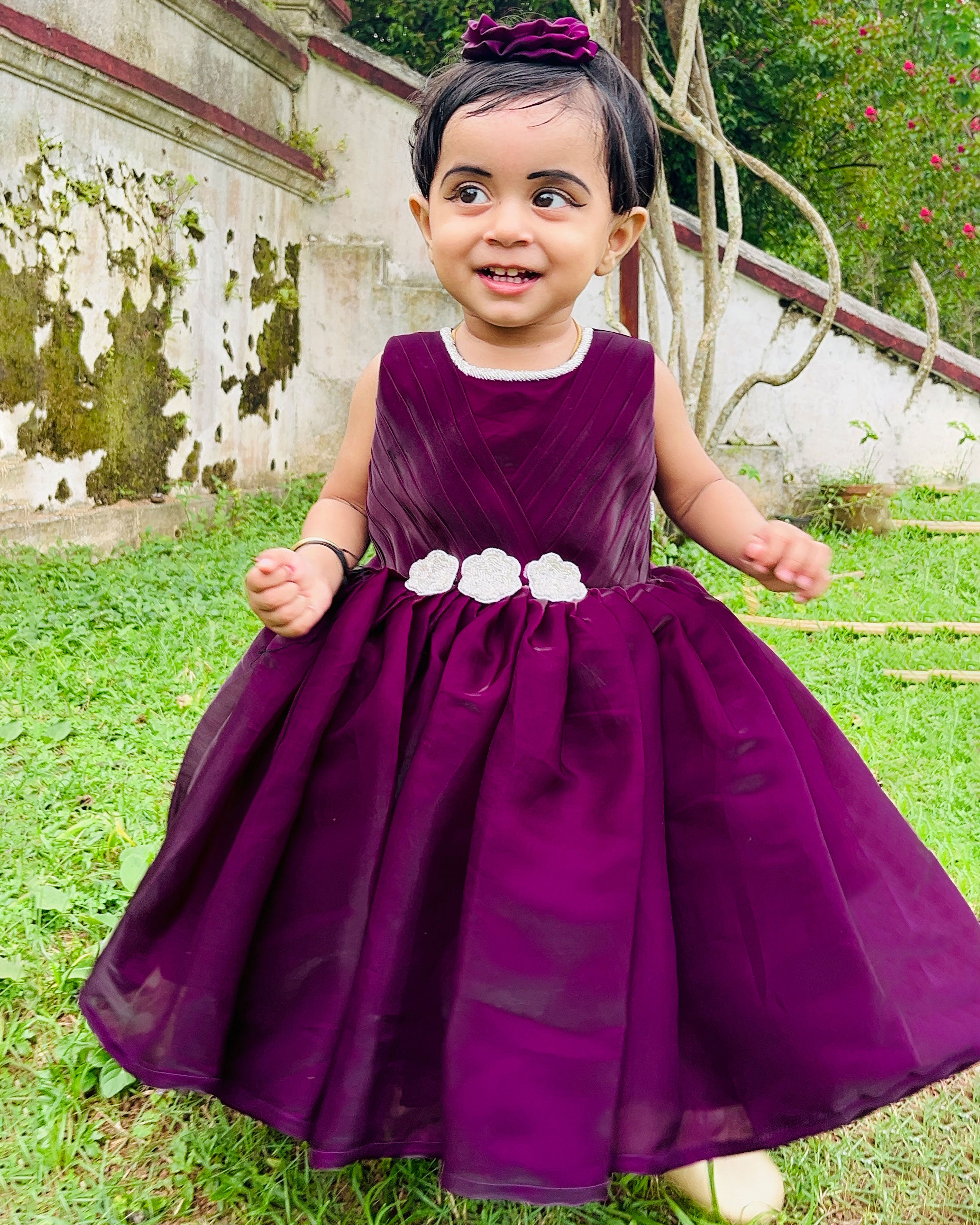 Purple Shade Silky Organza Sleeveless Partywear Baby Girls Frock
