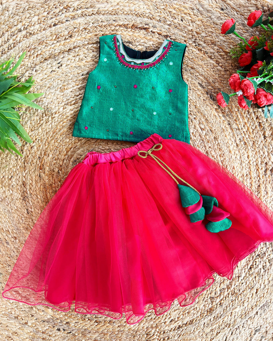 Rama green and Rany pink ethnic skirt and top, handwork birthday dress for baby girls